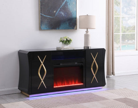 Black glossy buffet with gold leaf accents, 26-inch Crystal Firebox, LED top and bottom lighting, and wireless charger.