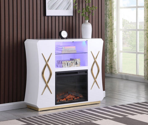 White glossy NY-3400 with gold leaf design, featuring a 23-inch firewood firebox, LED lighting, and tempered glass shelf.